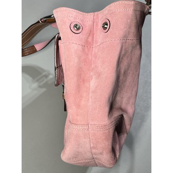 VTG Coach Suede Soho Double Buckle Flap Shoulder Bag Pink Tote Large Satchel Y2K - Picture 5 of 16